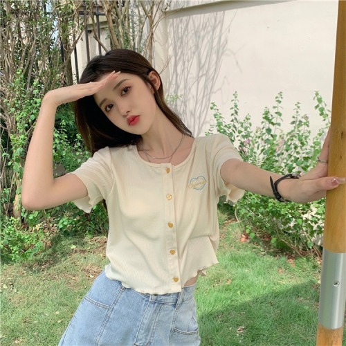 2022 chic wood ear embroidered short sleeve T-shirt women's loose short knitted cardigan top