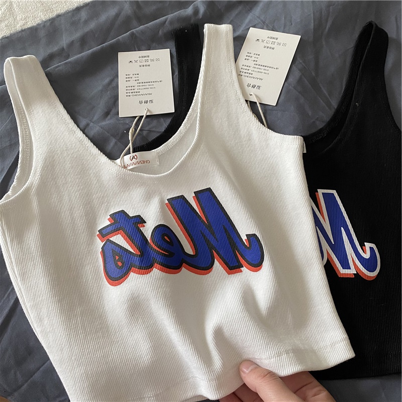 Official figure real price pit bar thread printed sleeveless top basic black and white women's Hong Kong Summer vest