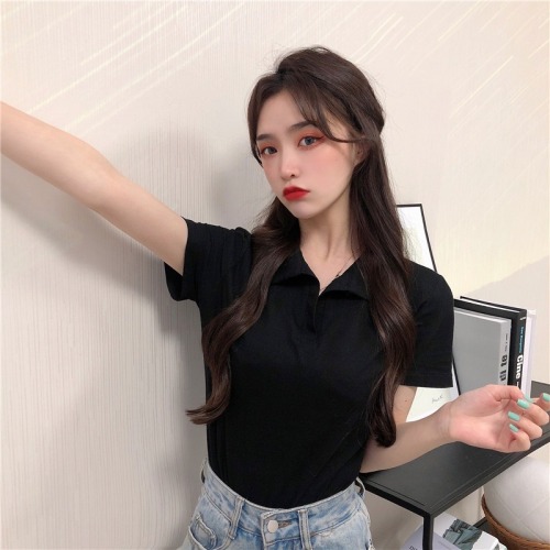 Real shot 100% cotton polo shirt women's short sleeved T-shirt women's solid color pure cotton niche design sense small summer clothes