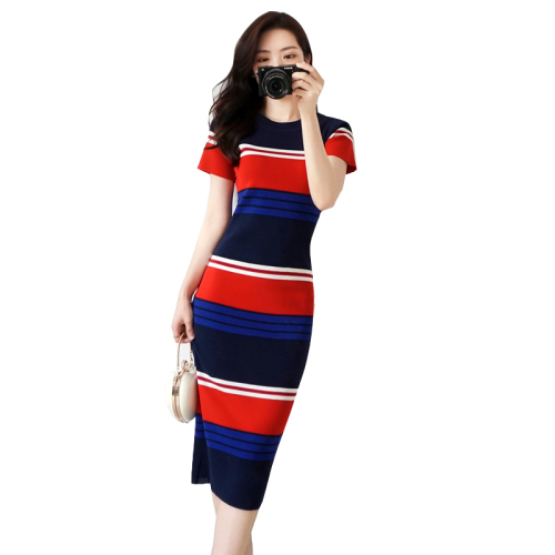 Knitted dress  summer new style gas stripe slim fit Medium Length Stretch Skirt bottomed skirt women's wear