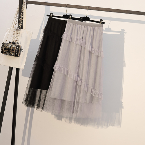  spring and summer new irregular medium length fairy skirt spring and autumn high waist A-shaped cake mesh skirt