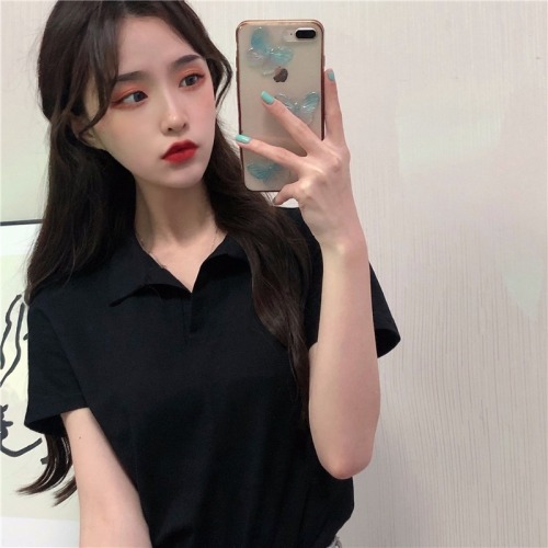 Real shot 100% cotton polo shirt women's short sleeved T-shirt women's solid color pure cotton niche design sense small summer clothes