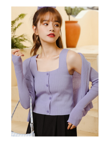 Purple suspender knitted square neck vest for women in summer with  new black short coat and bottomed shirt