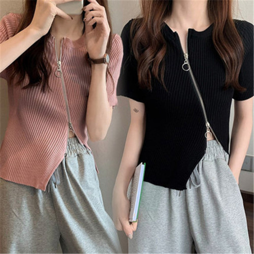 Double zipper solid color short sleeve sweater female slim sexy cardigan top female