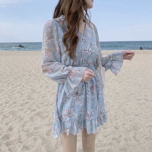 2022 spring and autumn Korean version small fresh waist Ruffle V-neck skirt Vintage printed Floral Chiffon dress women