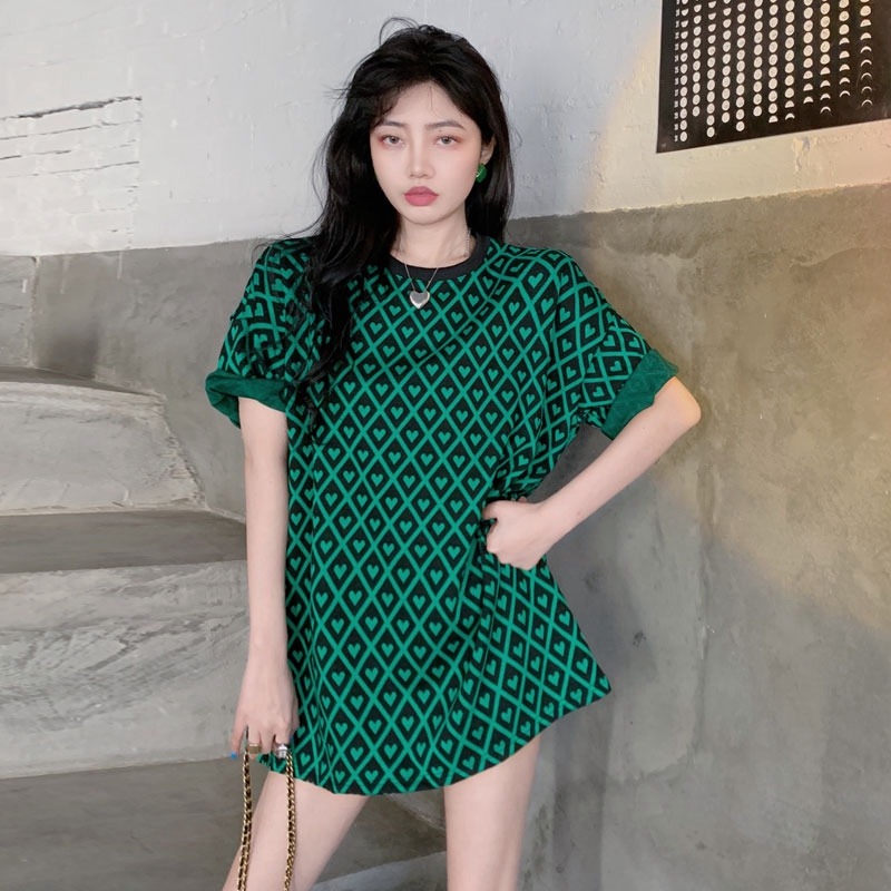 Jinliang official figure 95% polyester 5% spandex summer green diamond check short sleeve T-shirt women's inner bottom shirt