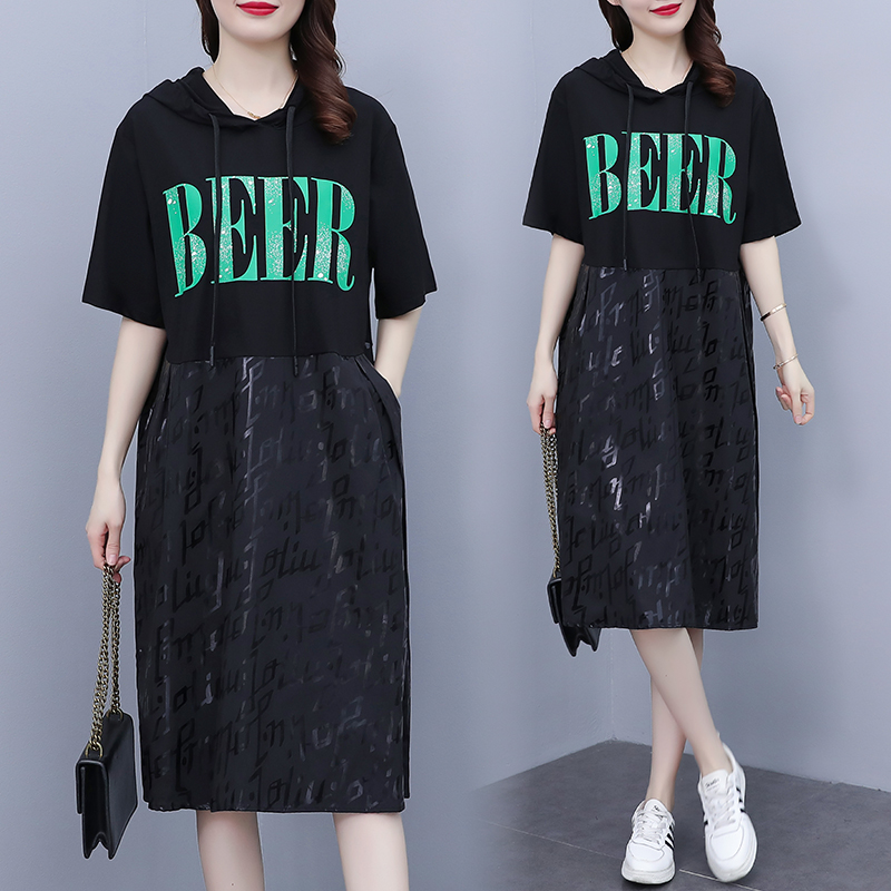 Real shooting large dress women's 2022 new summer Korean hooded letter print stitching medium length loose skirt