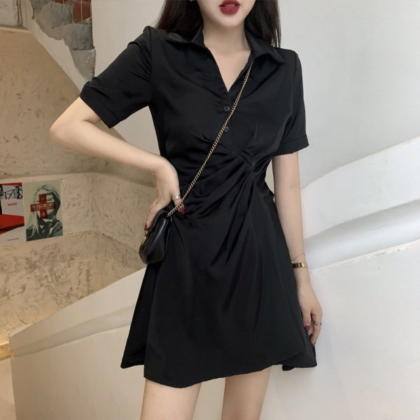Black bottomed spice girl dress female sexy hip wrap short skirt spring and summer 2022 new V-neck pure desire short sleeve skirt