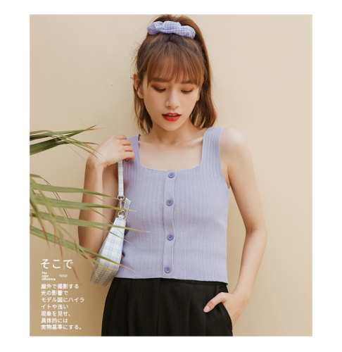 Purple suspender knitted square neck vest for women in summer with  new black short coat and bottomed shirt