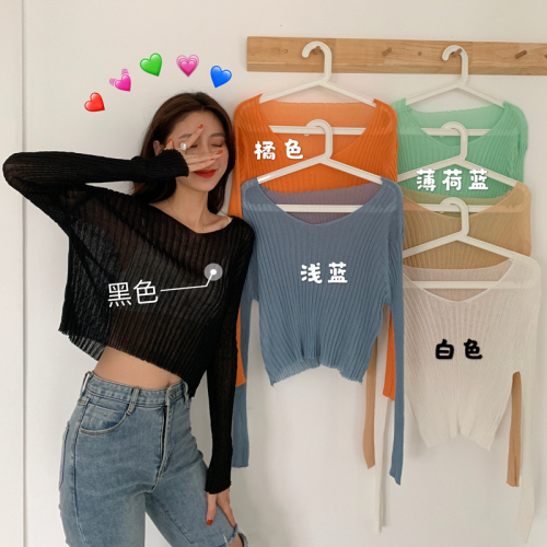 Real price V-Neck long sleeve sunscreen sweater women's summer new candy color versatile Blouse Top