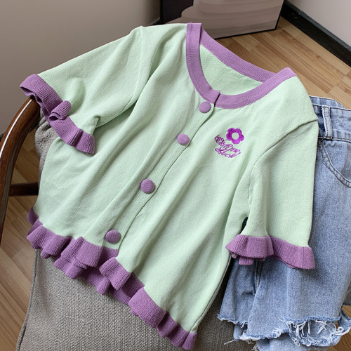 2022 Korean summer new embroidered purple short sleeved knitted cardigan women's top