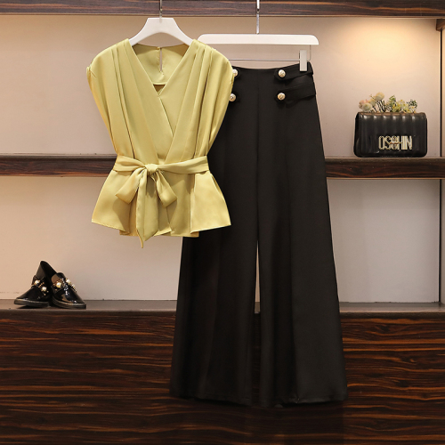 Real shooting 2022 large women's summer clothes new V-neck Top High Waist Wide Leg Pants loose Casual Pants Set