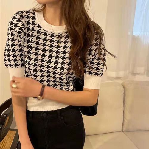2022 spring and summer new three-dimensional thousand bird check female round neck short sleeve sweater