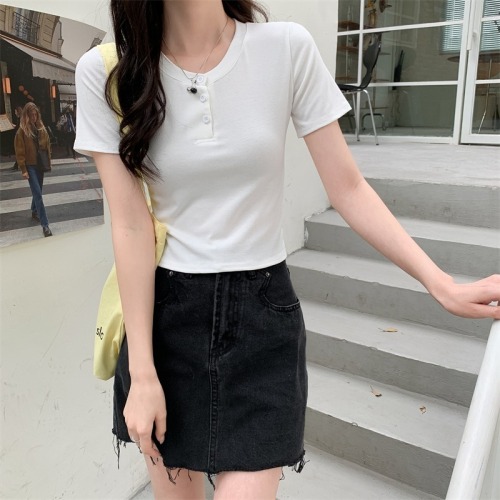 Real shot rayon Summer Short Sleeve T-Shirt women's slim short navel exposed Spice Girl solid color small top
