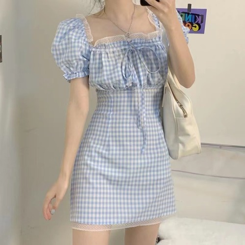French lace Blue Plaid bubble sleeve dress for women in summer