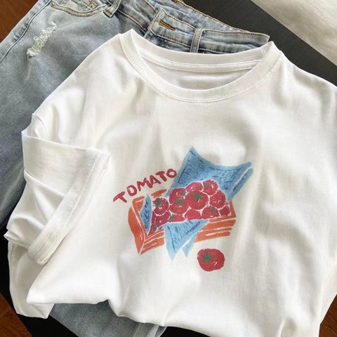 Cotton official figure summer dress Korean tomato printed T-shirt women's loose white versatile top