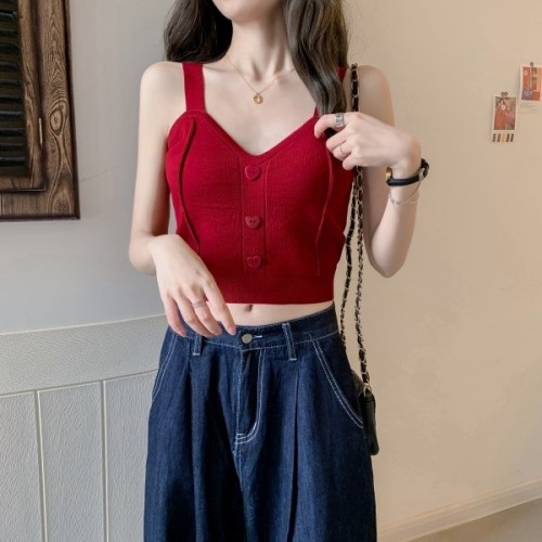Suspender vest women wear summer fashion knitted net outside, red and foreign style, beautiful back and short bottomed blouse inside
