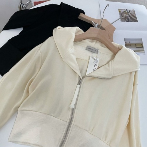 Tstz cream rice sweater coat women's loose BF lazy style spring and autumn thin hooded short cardigan top fashion