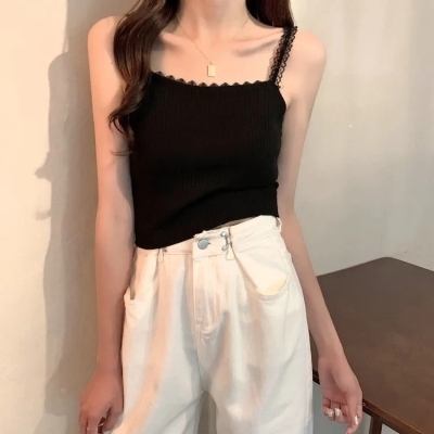 Summer and Korean version of outer wear and inner vest short style new French lace knitted small suspender top for women
