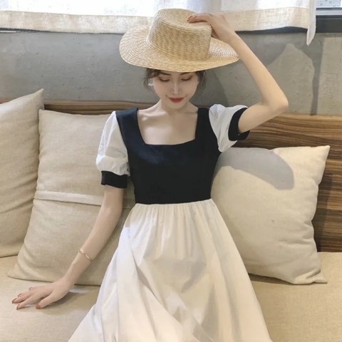 French retro square collar dress children's 2022 summer New Goddess style dress with a slim waist dress