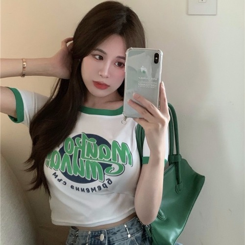 Luo wenmian's new pure sexy girl style color contrast letter printed short sleeve T-shirt women's sweet cool high waist short top