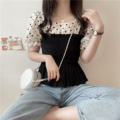 Real price and real shooting ~ New Summer stitching pleated waist with thin bubble sleeve shirt for women
