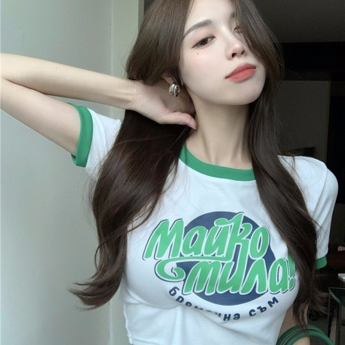 Luo wenmian's new pure sexy girl style color contrast letter printed short sleeve T-shirt women's sweet cool high waist short top