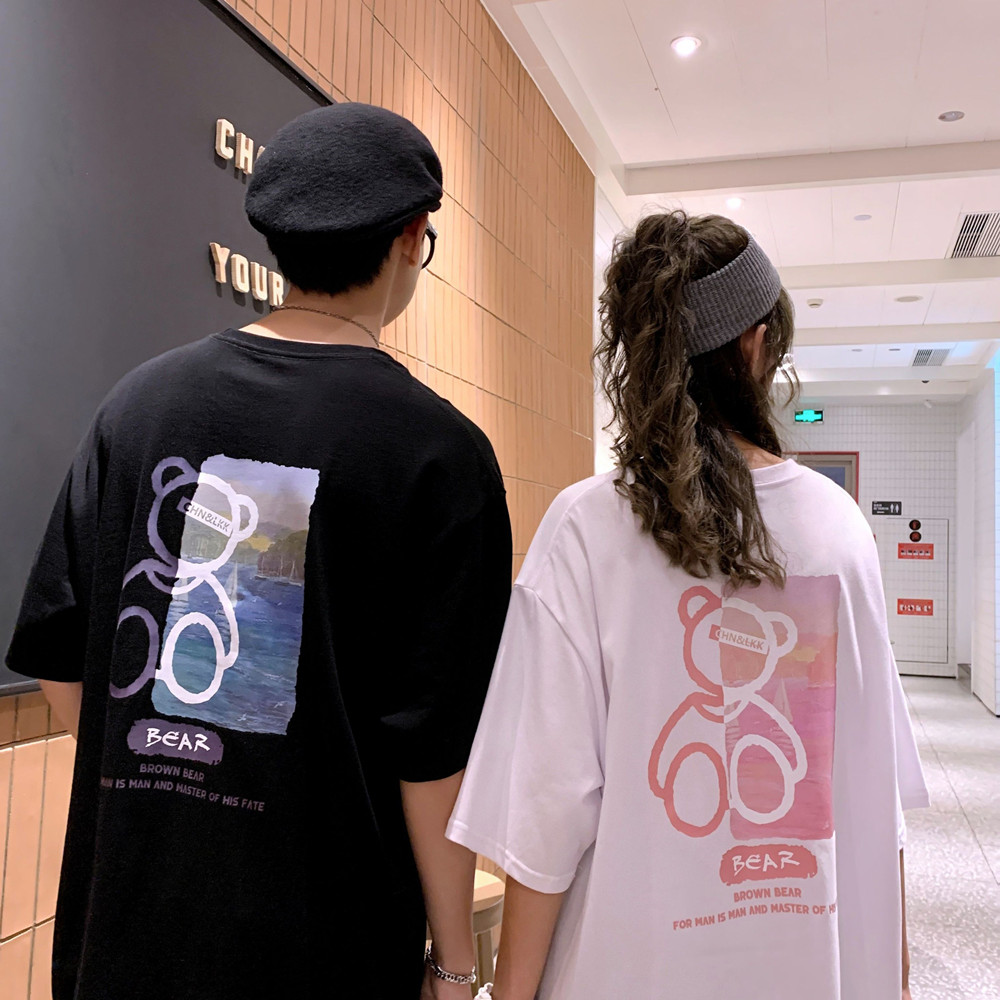 Real shooting bear couple short sleeve T-shirt, niche design, loose half sleeve fashion brand couple summer clothes