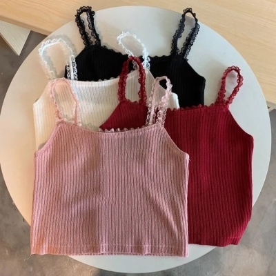 Summer and Korean version of outer wear and inner vest short style new French lace knitted small suspender top for women