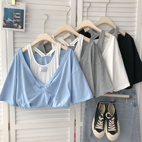 Cotton summer new T-shirt short loose fake two pieces of fashion versatile retro chic clothes schoolgirl