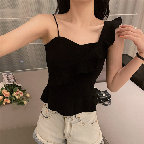 Summer sexy backless Ruffle knit top slim fit inside with bottomed shirt outside wearing short suspender vest women's wear