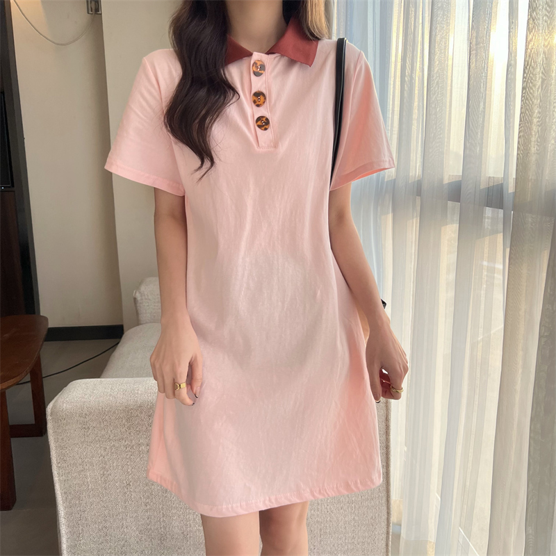 D2104# Korean fashion summer new polo collar cotton dress women's middle and long button versatile T-shirt women