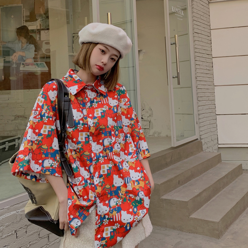 Real shot Katie cat print summer short sleeved couple shirt Korean loose ins Japanese loose men's and women's shirt