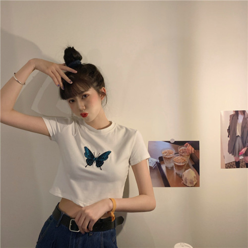 Embroidered summer new high waist exposed navel short butterfly short sleeve T-shirt women's versatile slim and sexy fashion