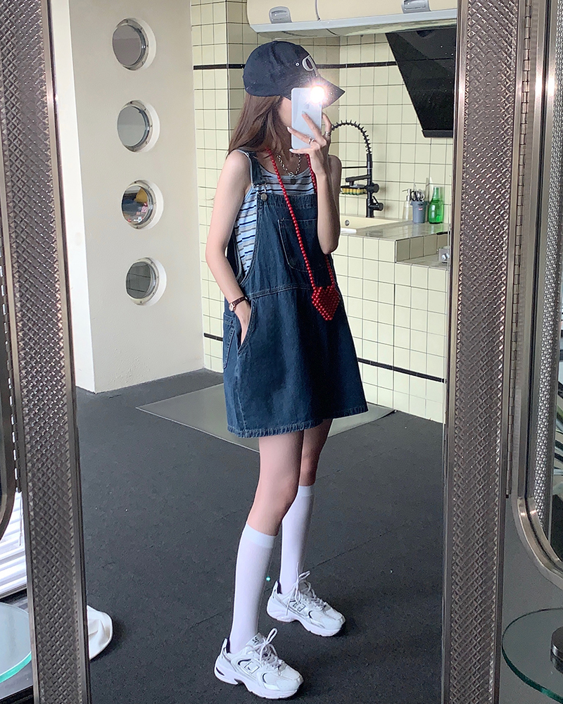 Real shooting real price retro versatile age reducing college style cowboy suspender shorts women's loose wide leg Capris