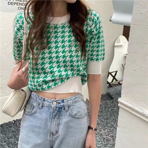 2022 spring and summer new three-dimensional thousand bird check female round neck short sleeve sweater