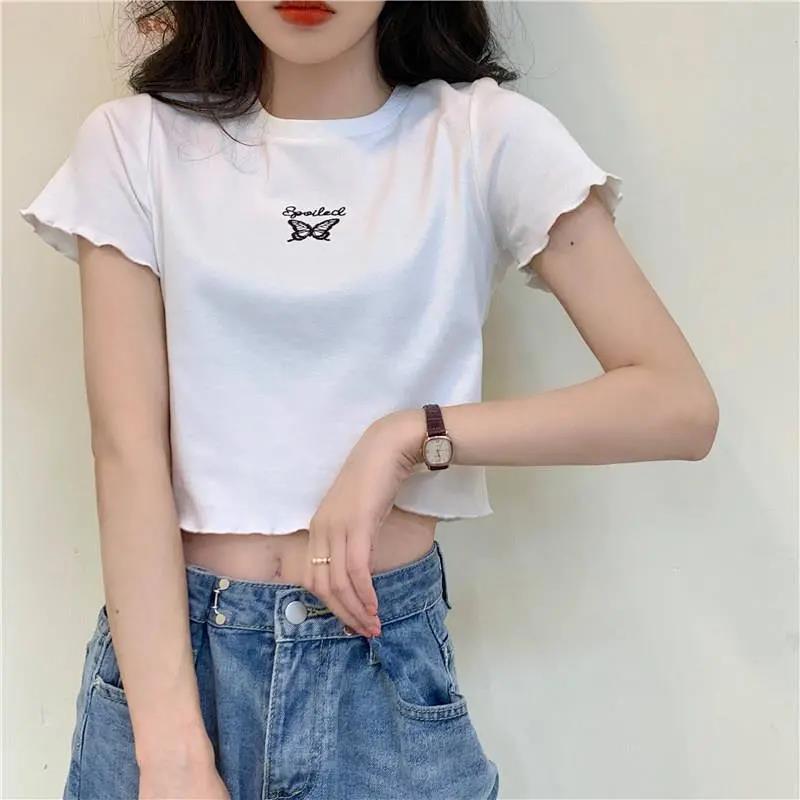 Embroidered summer high waist exposed navel short T-shirt for women slim and versatile butterfly short sleeve top for women