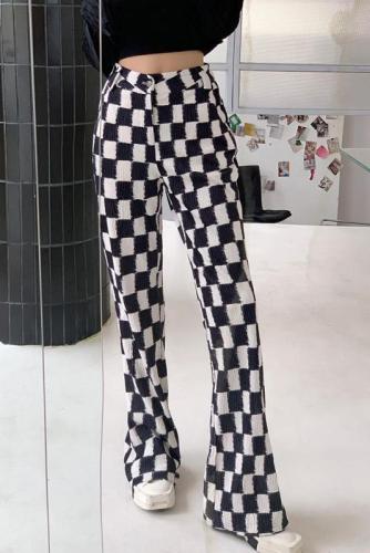 Real shooting of  summer clothes New Retro checkerboard casual pants women's high waist slim micro bell bottomed pants mopping pants fashion