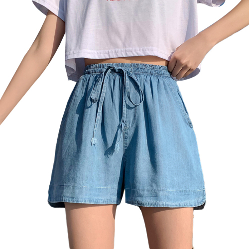 Real shooting large size Tencel denim shorts women's summer thin style loose bud high waist thin wide leg ice silk pants
