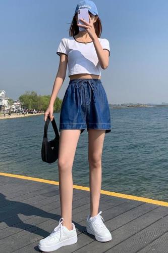 Real shooting large size Tencel denim shorts women's summer thin style loose bud high waist thin wide leg ice silk pants