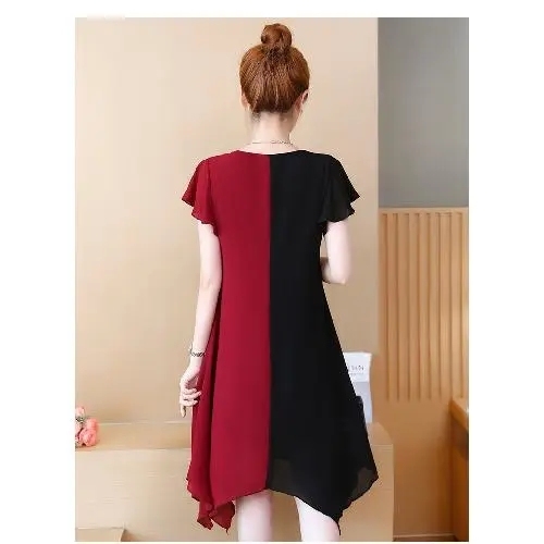 Large  summer new fat sister skirt slim Chiffon stitching medium long casual short sleeve dress women