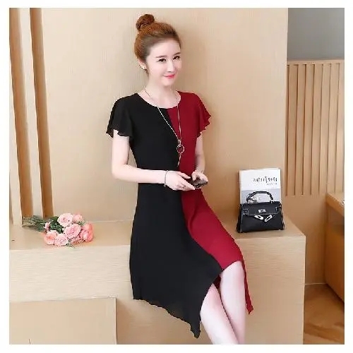 Large  summer new fat sister skirt slim Chiffon stitching medium long casual short sleeve dress women