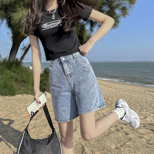 Real shooting Cowboy SHORTS women's summer casual loose High Waist Wide Leg Pants A-line straight tube five point pants fashion