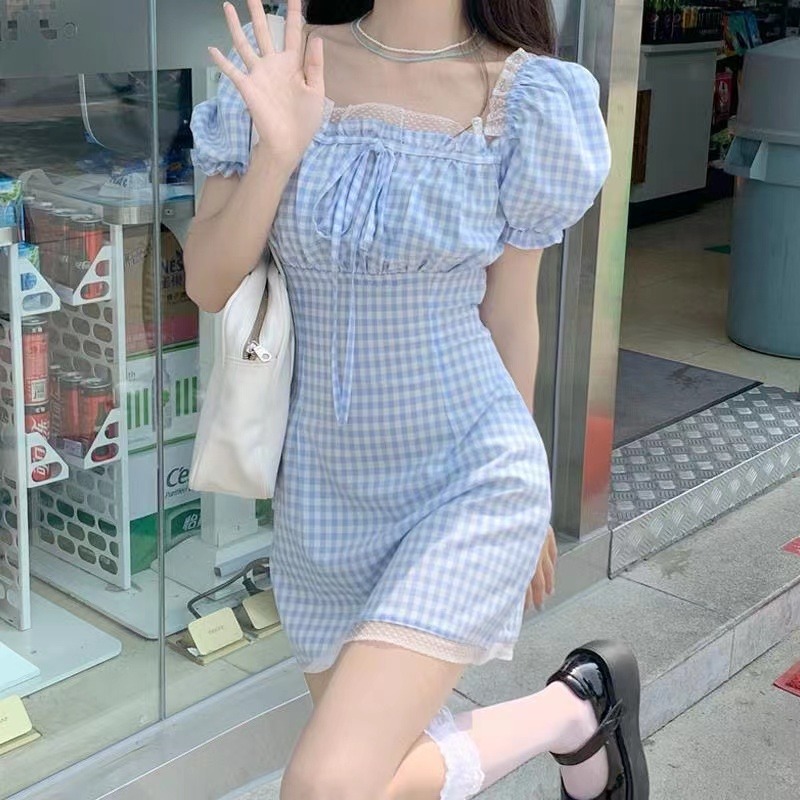 French lace Blue Plaid bubble sleeve dress women's summer 2022 new waist slim sweet skirt