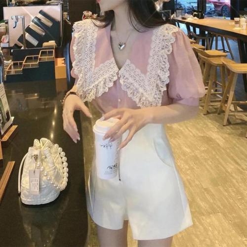 Summer lace heavy industry doll collar sweet and beautiful large shirt women's summer design top m-4xl200 kg