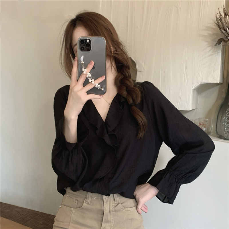 Real price! Black V-neck ruffled chiffon shirt women's Korean style long sleeve versatile top