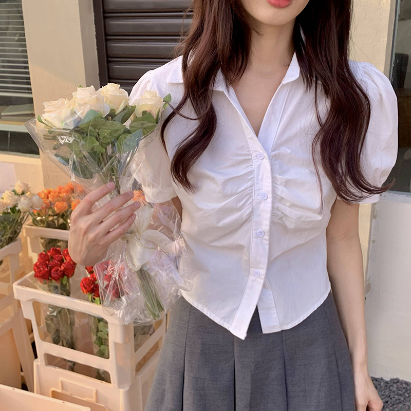Real shooting and real price 2022 summer new Korean polo collar design sense pleated bubble short sleeve shirt