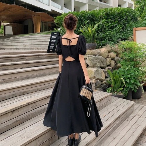 Hepburn style French dress women's summer  new style waist closing shows thin temperament, careful machine backless black long skirt