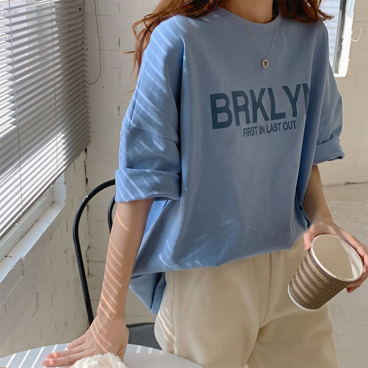 Summer Korean version new loose round neck chic with letter printing inside medium and long short sleeved T-shirt for women