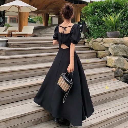 Hepburn style French dress women's summer  new style waist closing shows thin temperament, careful machine backless black long skirt